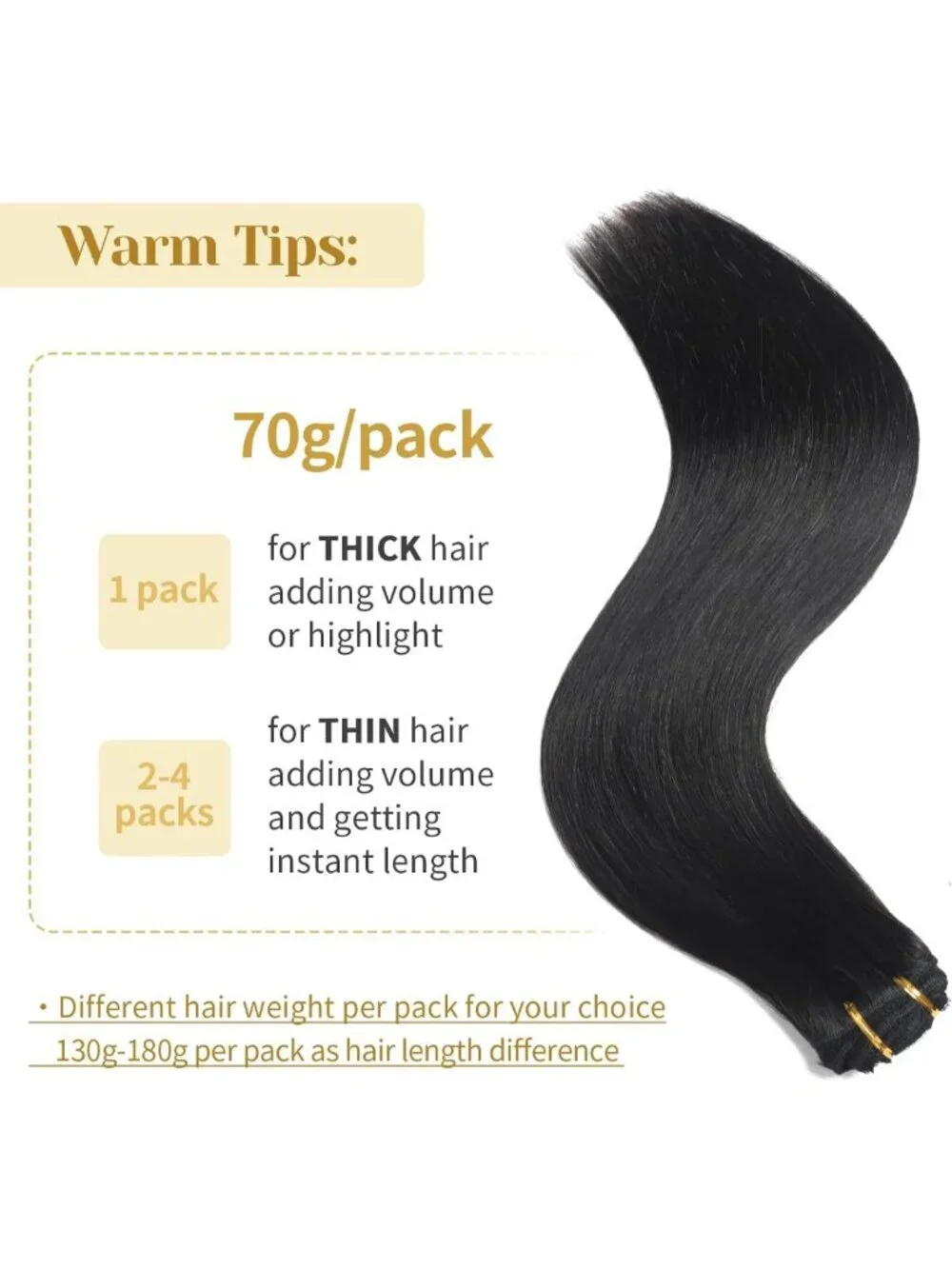 16 Inch Clip-In Real Human Hair Extensions - Soft Remy, Natural Black, 7pcs